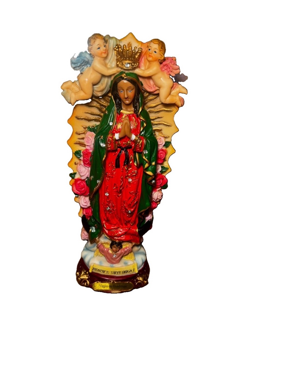 Virgen Guadalupe Maria 12” Statue with Crown and Cherubs - Red & Green